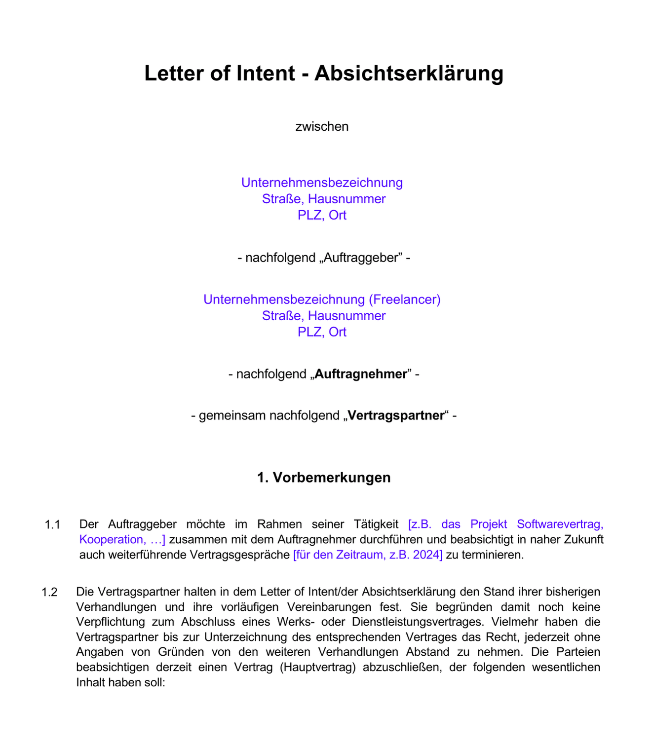 Letter of Intent Vorlage